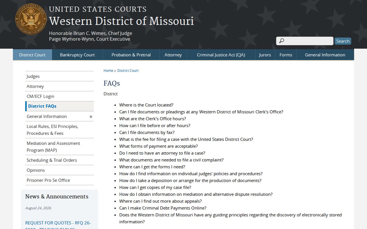 Pulaski civil docket federal filing and payment FAQ context