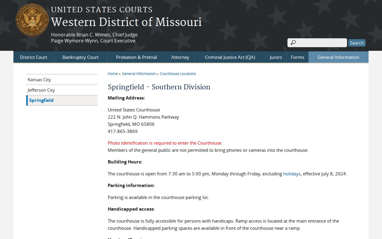 Pulaski court calendar federal courthouse Southern Division access context