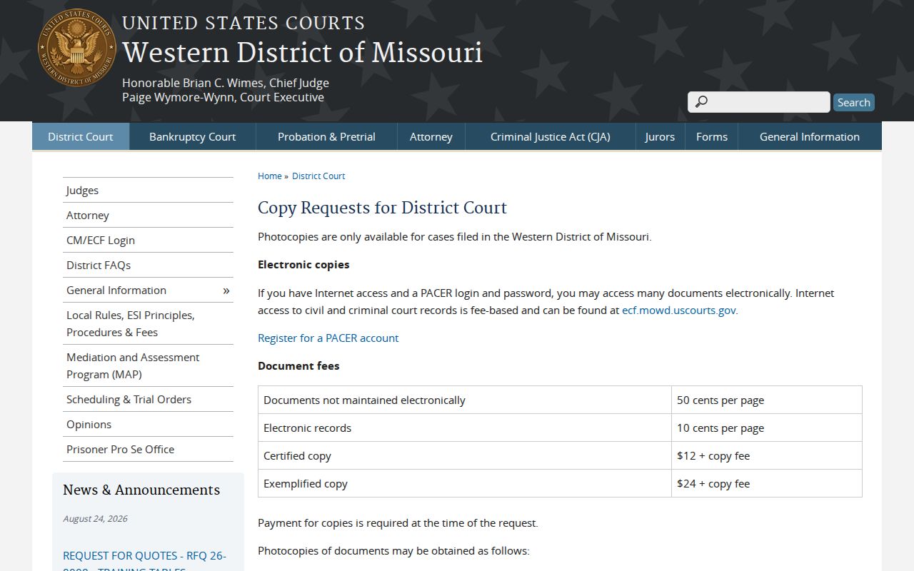 Pulaski County court record search reference showing a federal court copy request page
