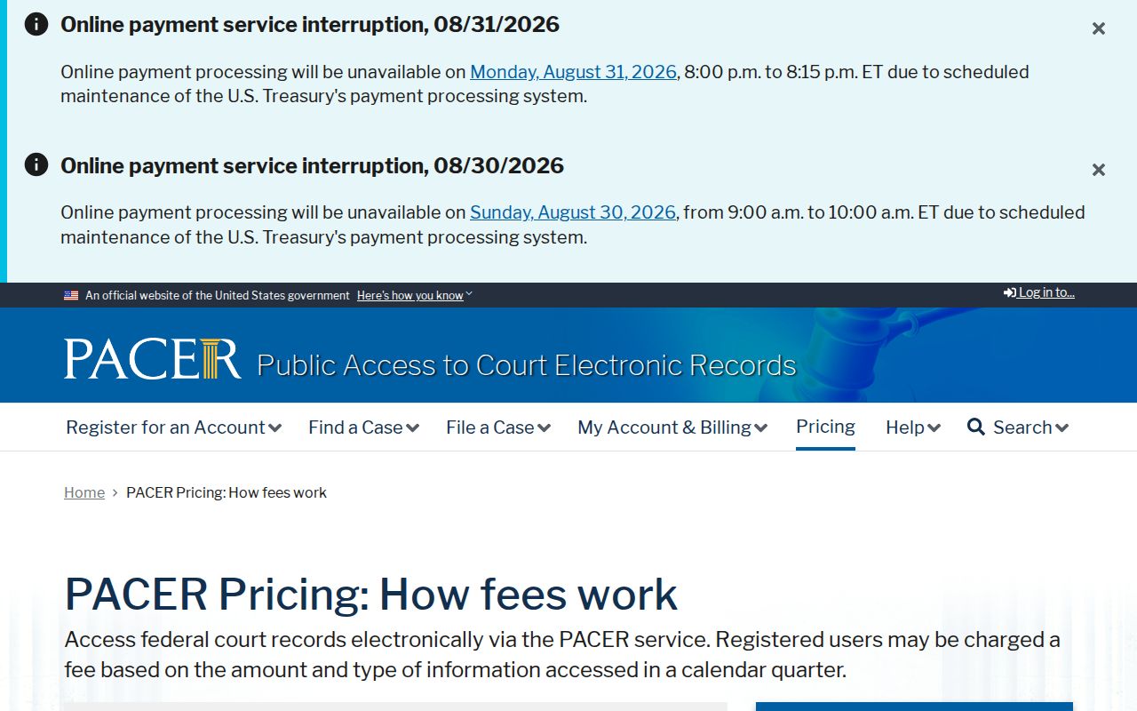 Pulaski County court docket PACER federal record pricing information