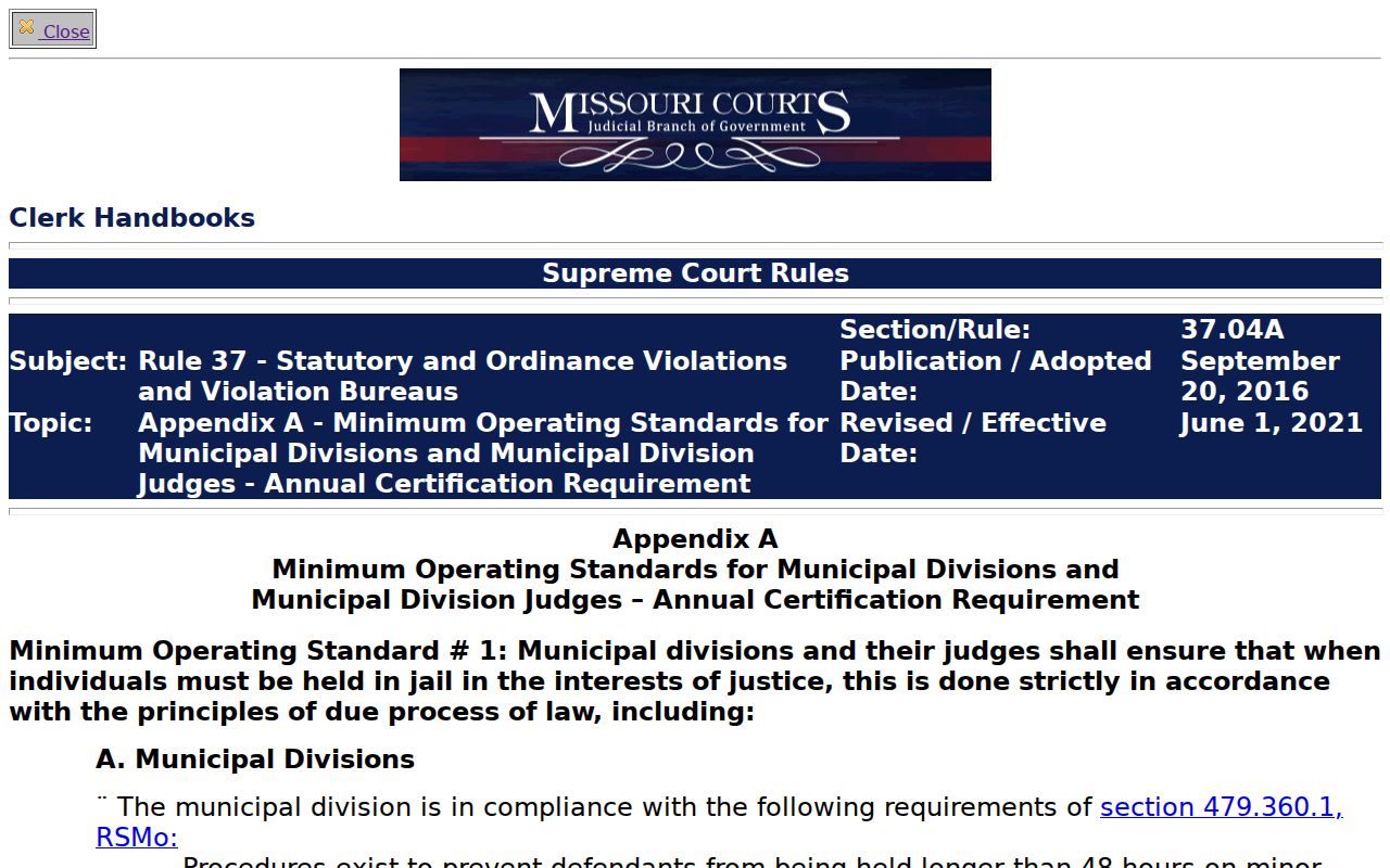 Pulaski County traffic ticket record reference for Missouri Municipal Rule 37 payment standards